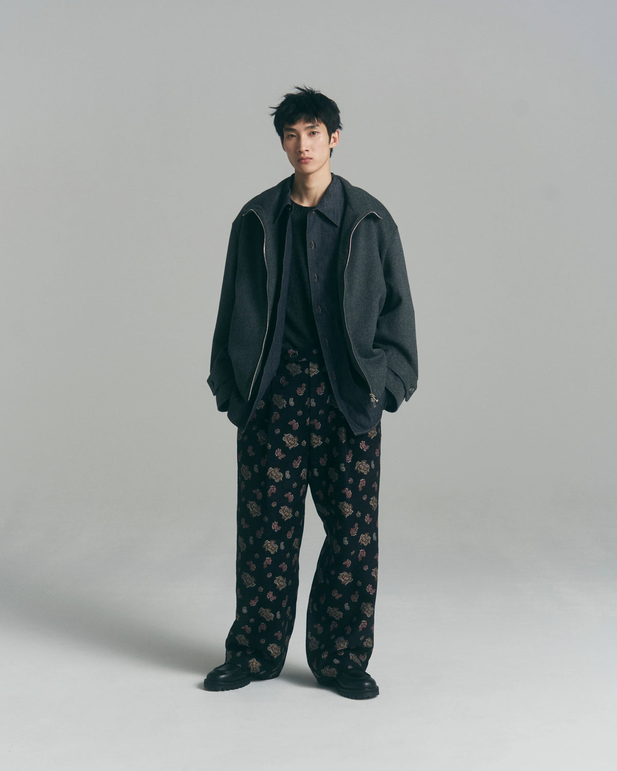 Melton Stand Collar Zip Jacket — Charcoal