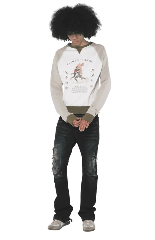 Full shot of a modern wearing the Scapegrace Laamb Crewneck in Khaki Green