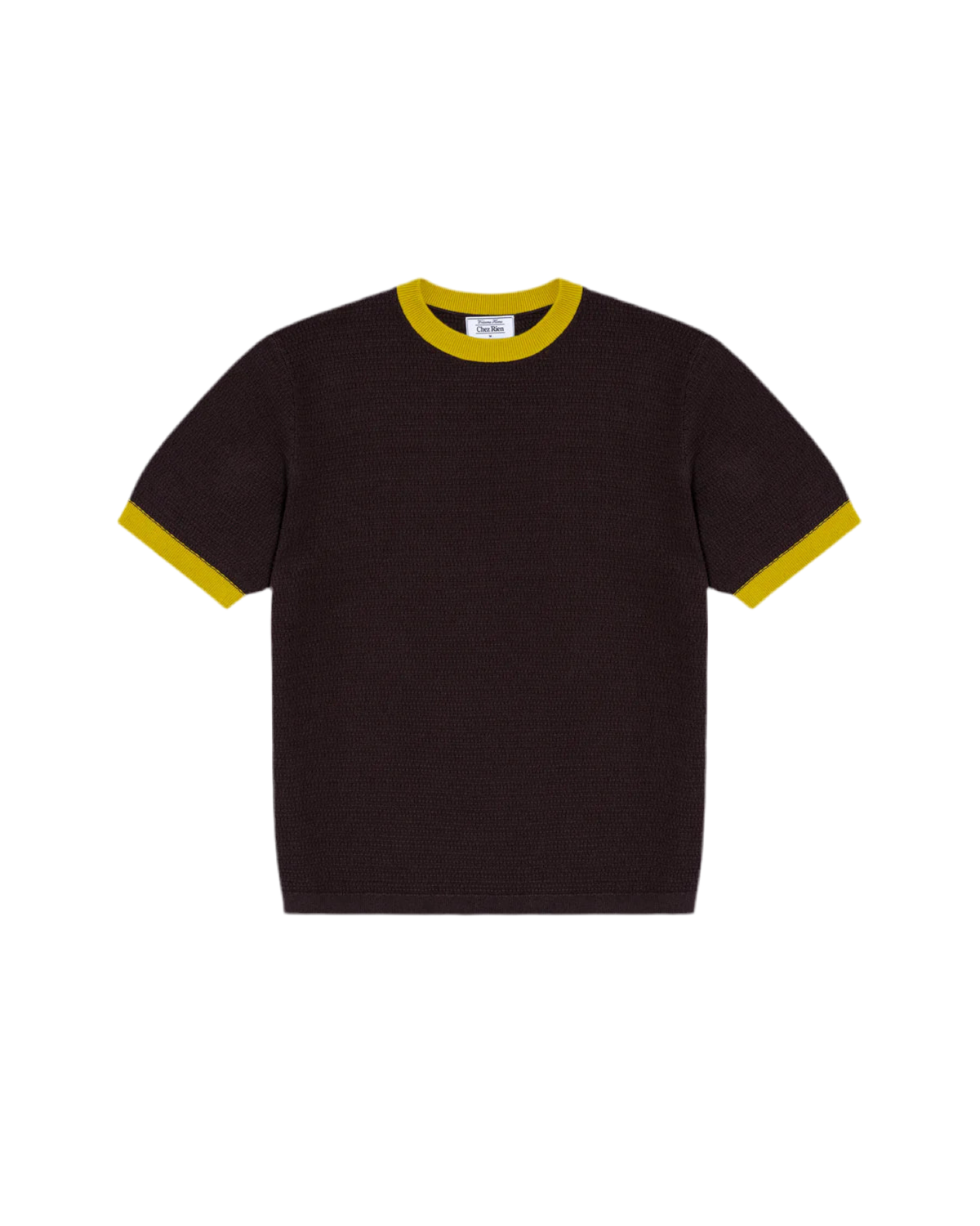Chez Rien’s Textured Ringer Tee in Mocha on a white background