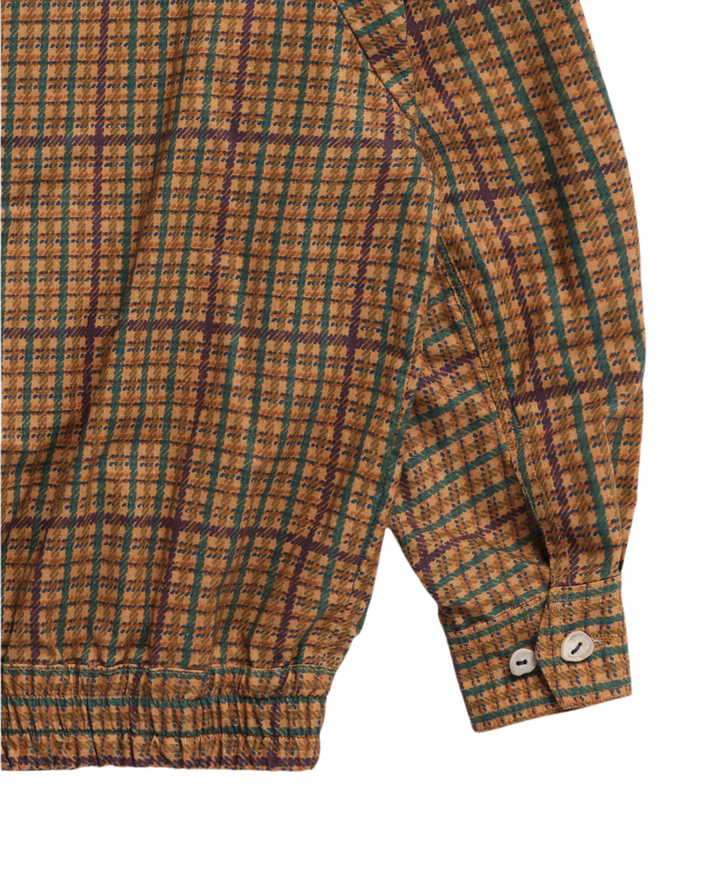 Close-up of Object from Nothing Plaid Wind Breaker patterned fabric with brown and green colors.