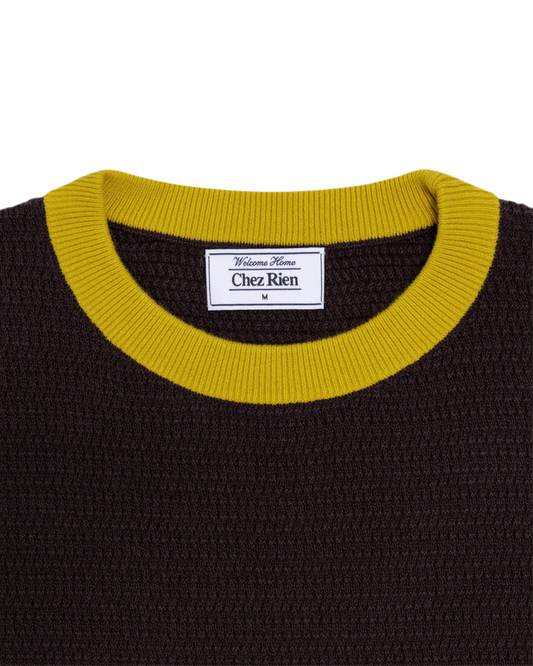 Close up of the collar on Chez Rien’s Textured Ringer Tee in Mocha