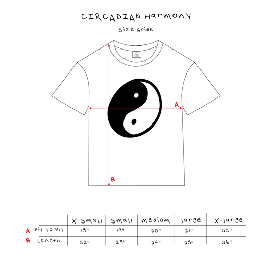 The Hidden Rivet Yin Yang T-Shirt sizing chart