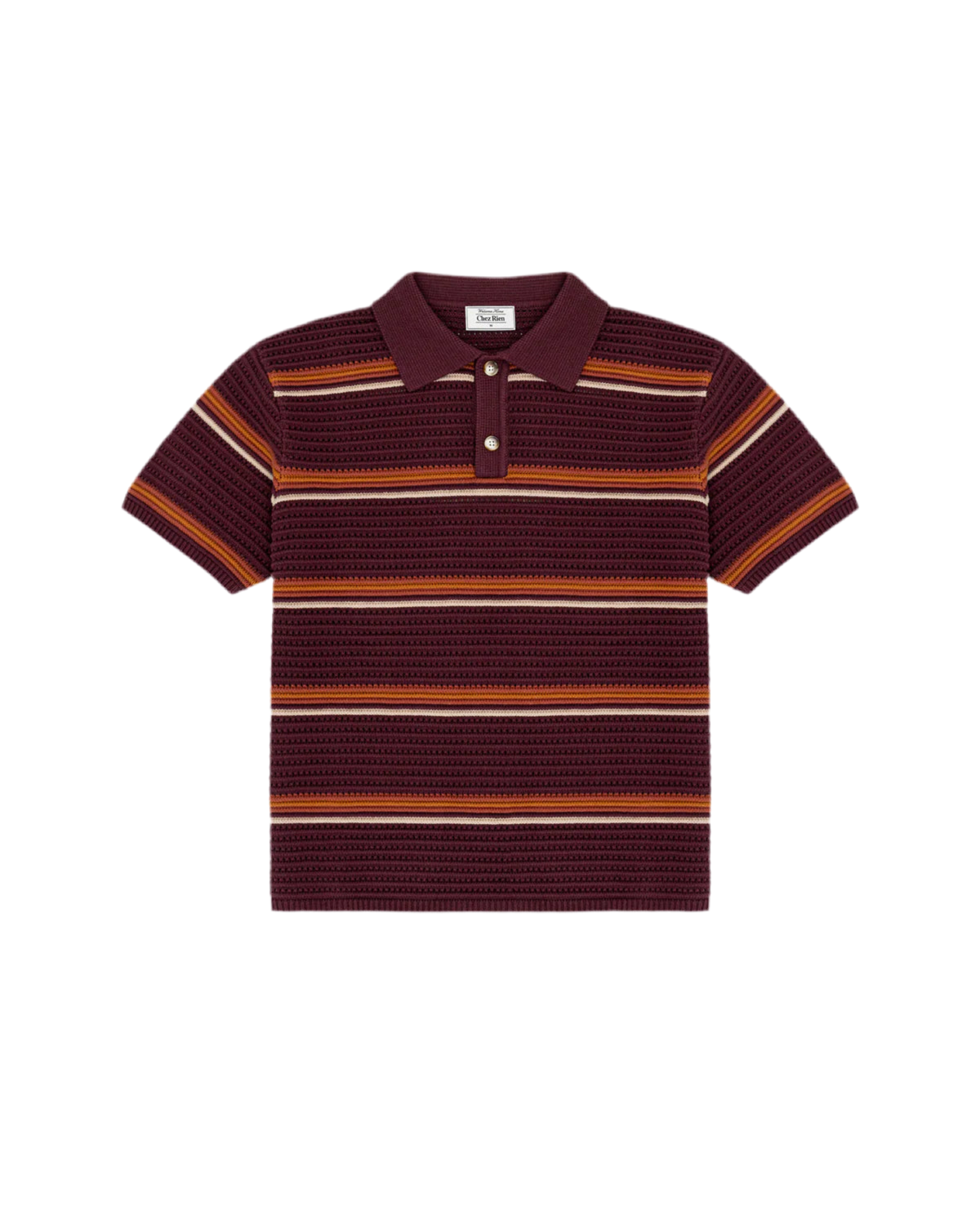 Chez Rien’s Burgundy Striped Knit Polo shirt with brown and orange pattern on a white background