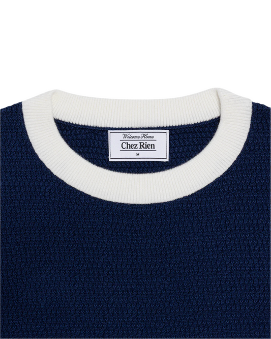 Close up of the collar on Chez Rien’s Textured Ringer Tee in Navy