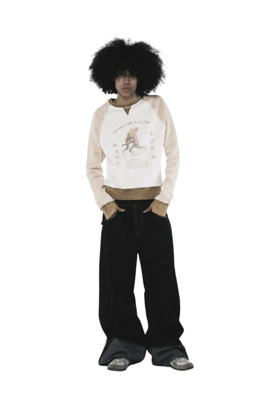 Full shot of a model wearing the Scapegrace Laamb Crewneck in Sand Yellow