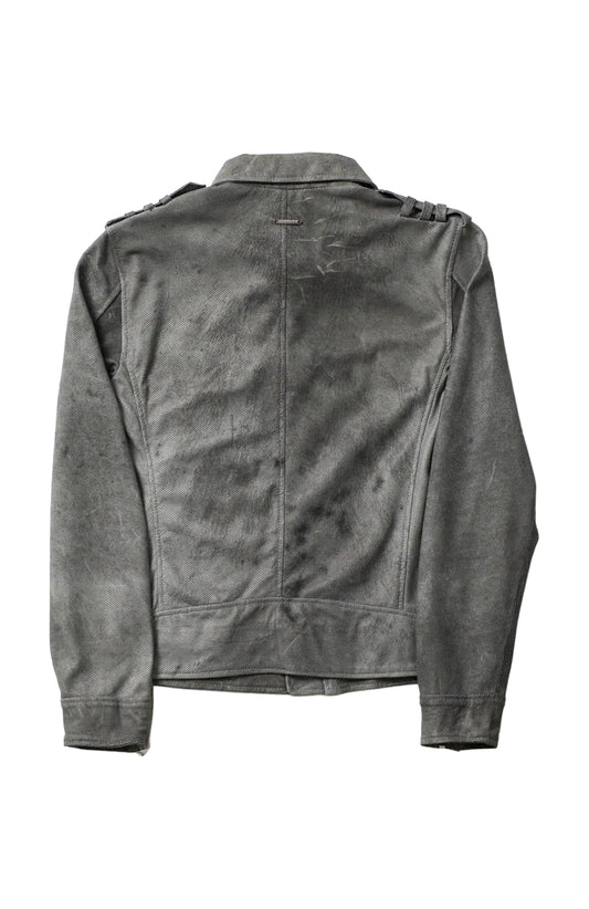Perforated Leather Biker Jacket - Grey