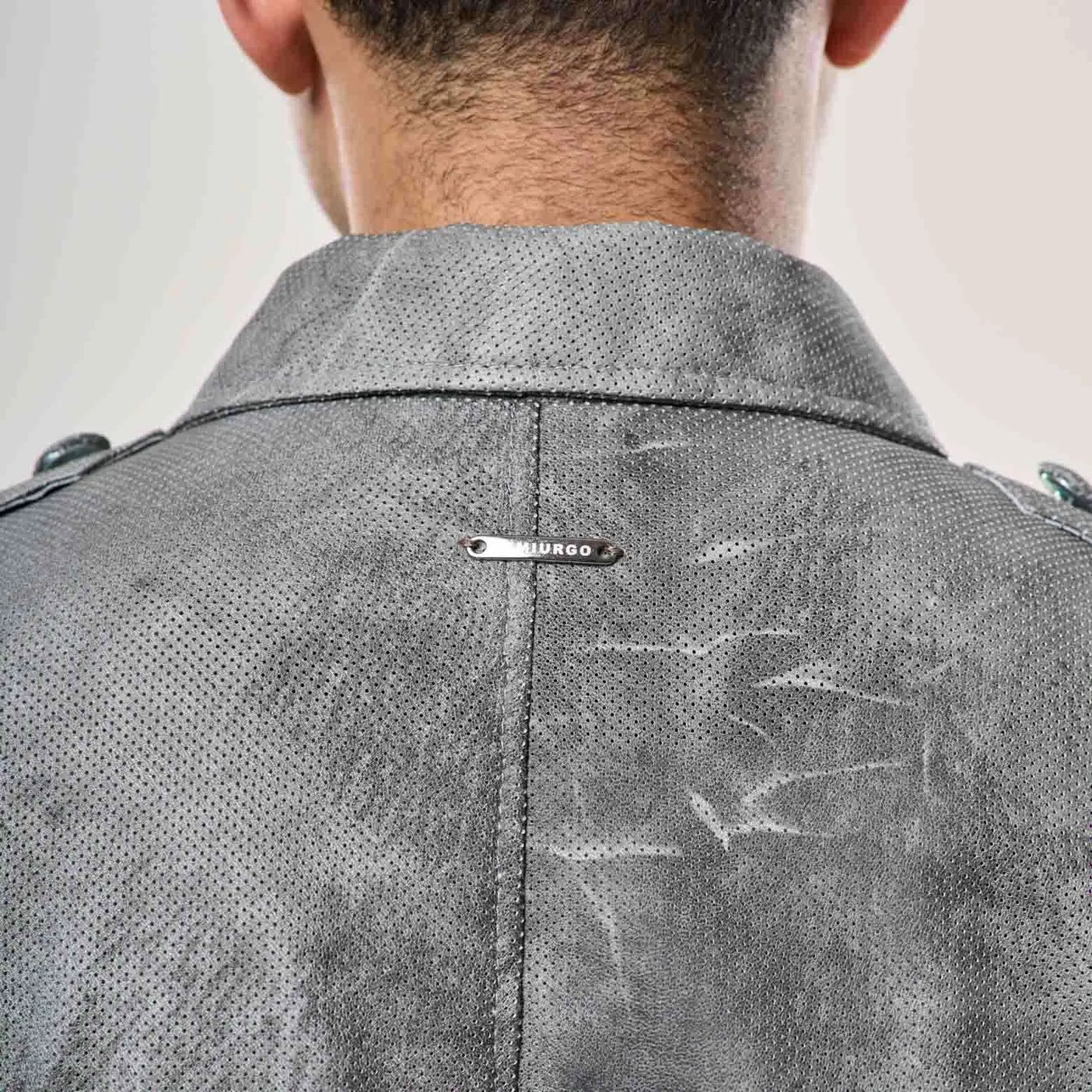 Perforated Leather Biker Jacket - Grey