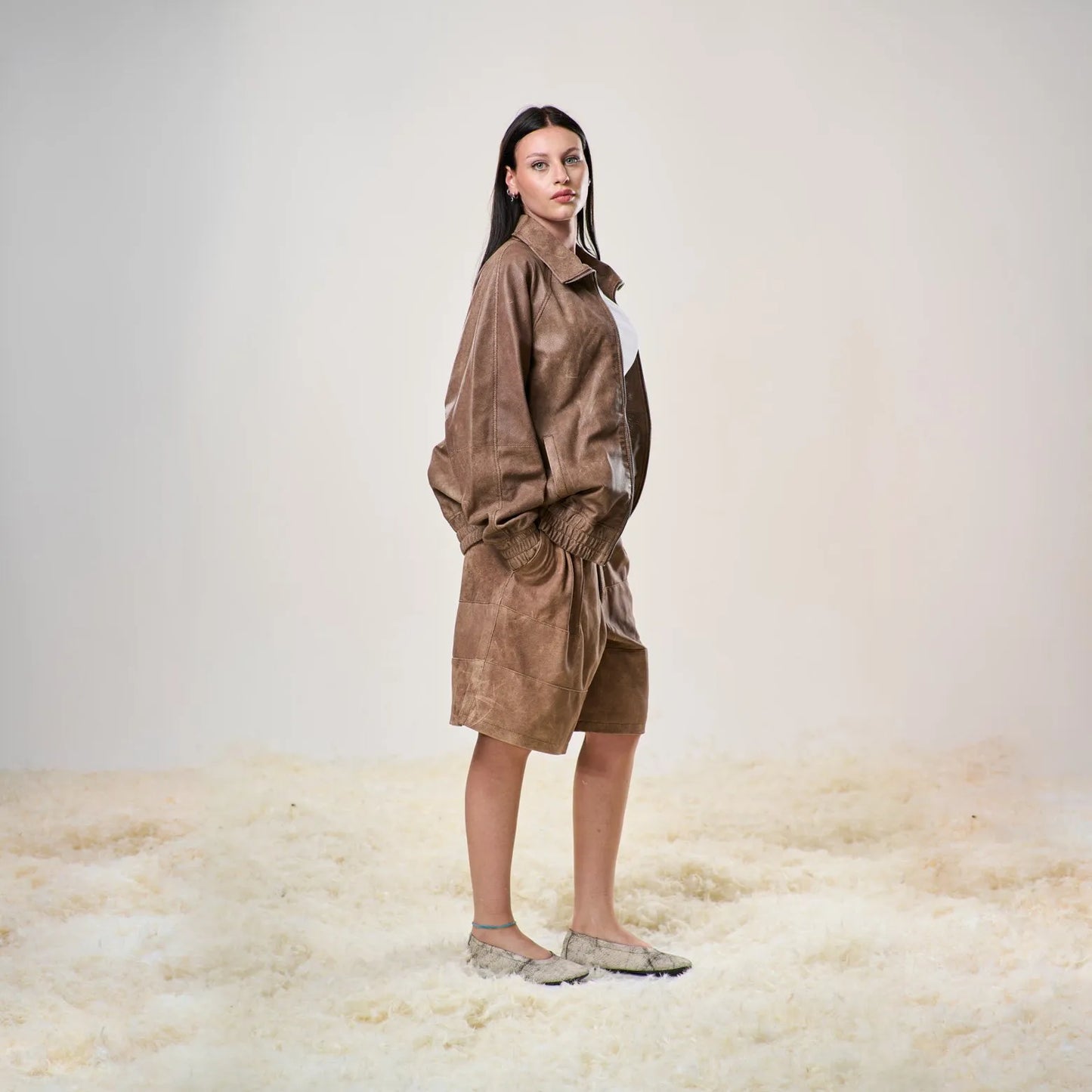 Perforated Leather Summer Jorts - Brown