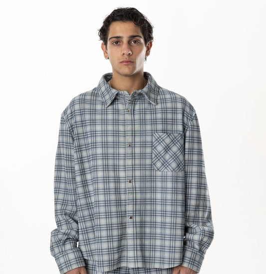 Leather Tartan Shirt - Light Blue Grey