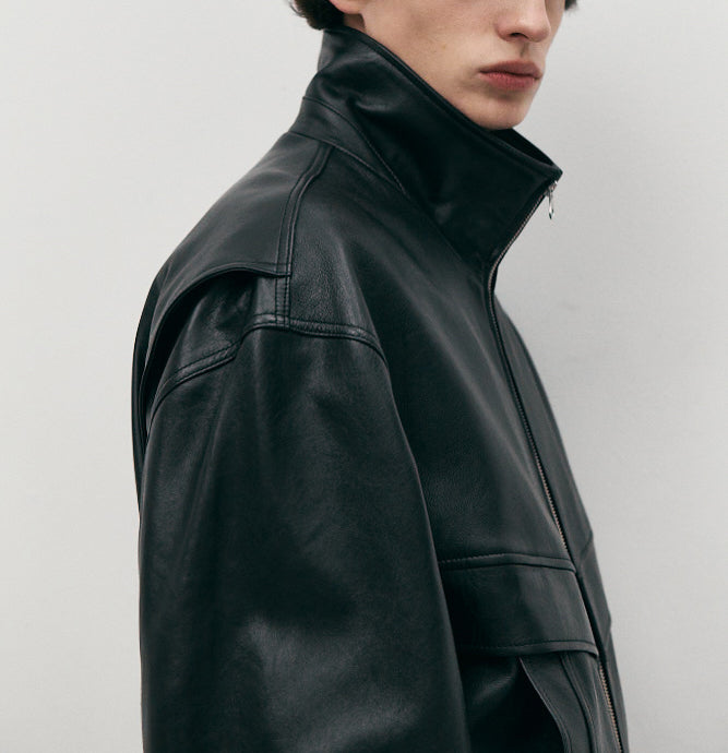 Stand Collared Leather Blouson — Black