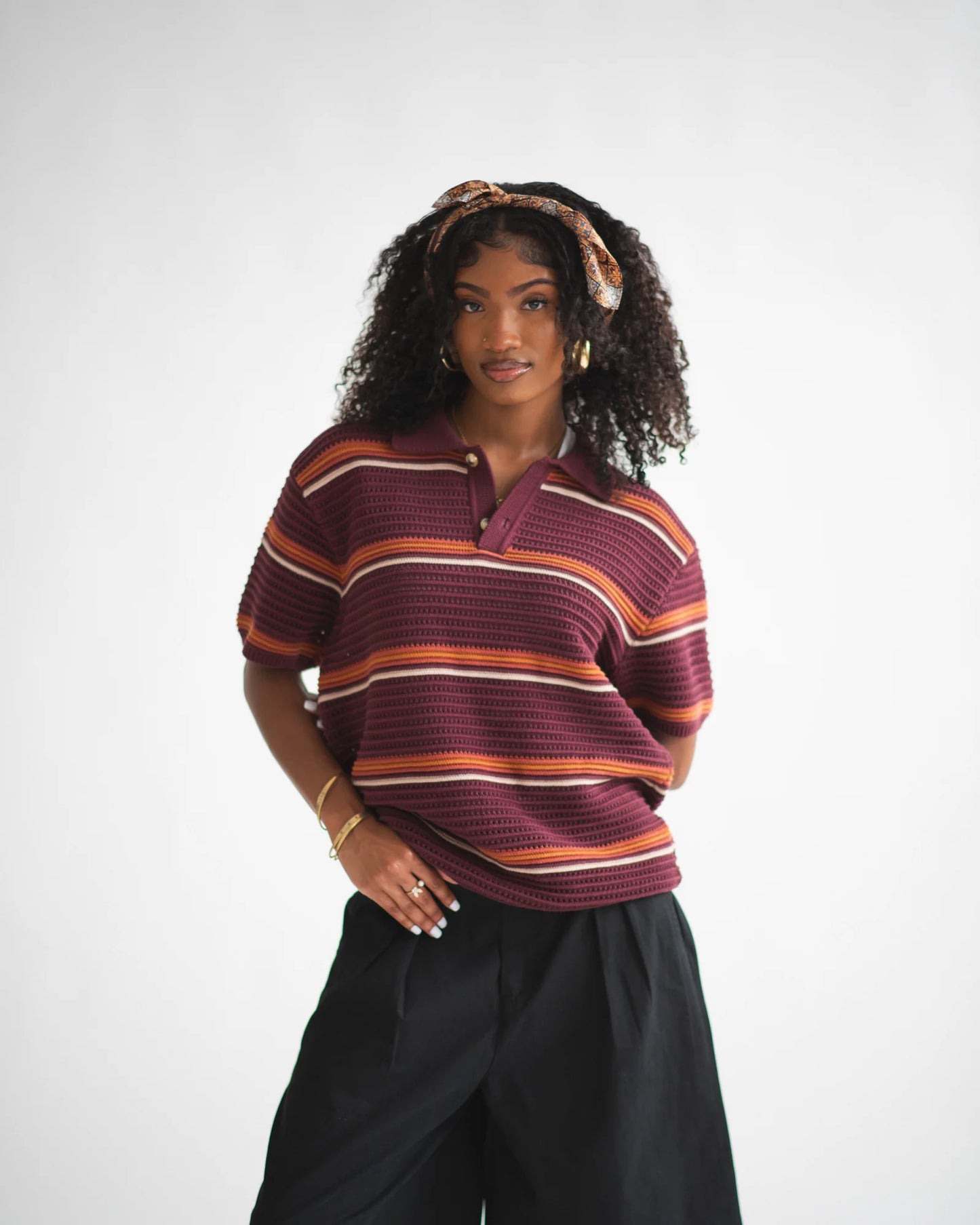 Striped Knit Polo - Burgundy