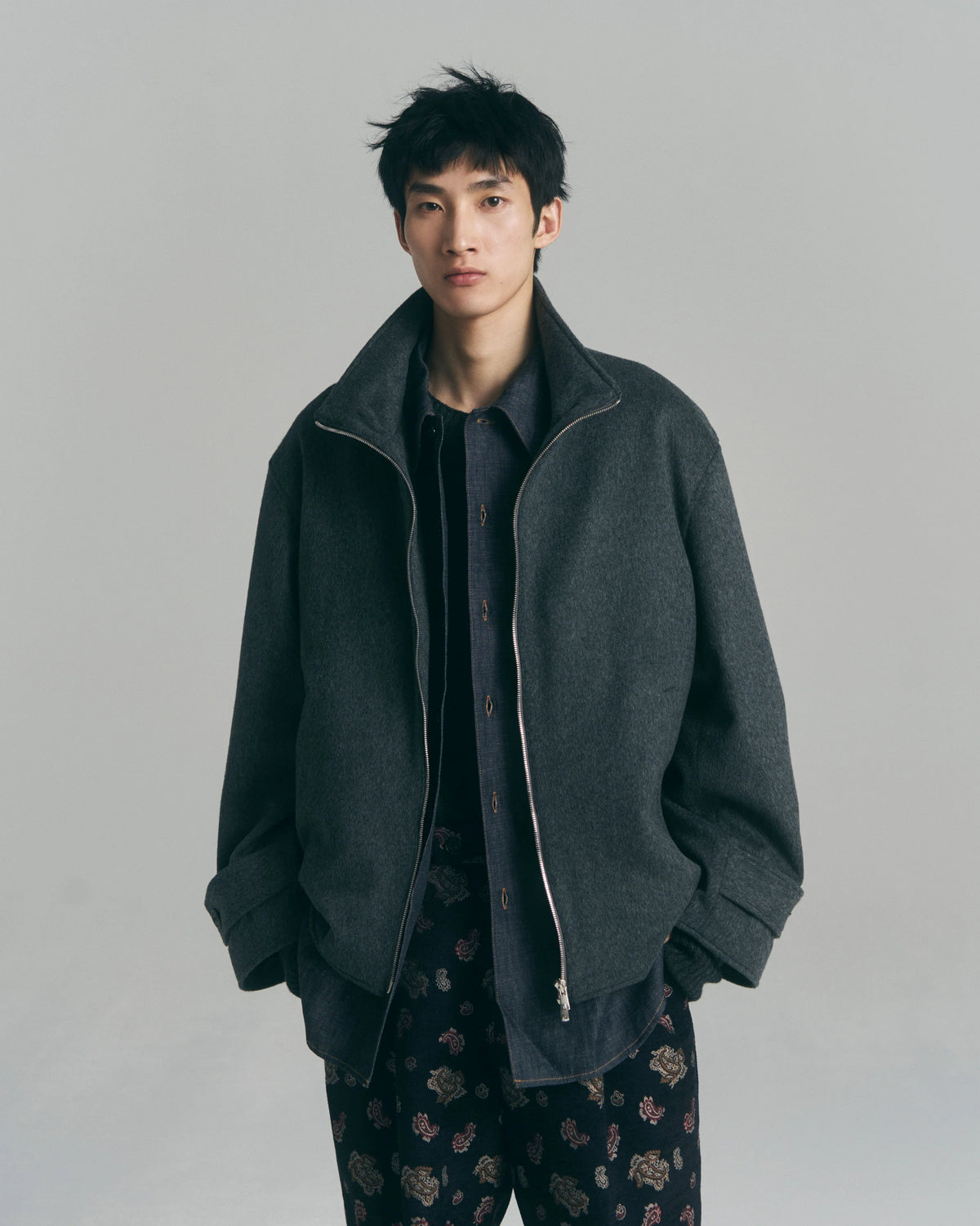 Melton Stand Collar Zip Jacket — Charcoal