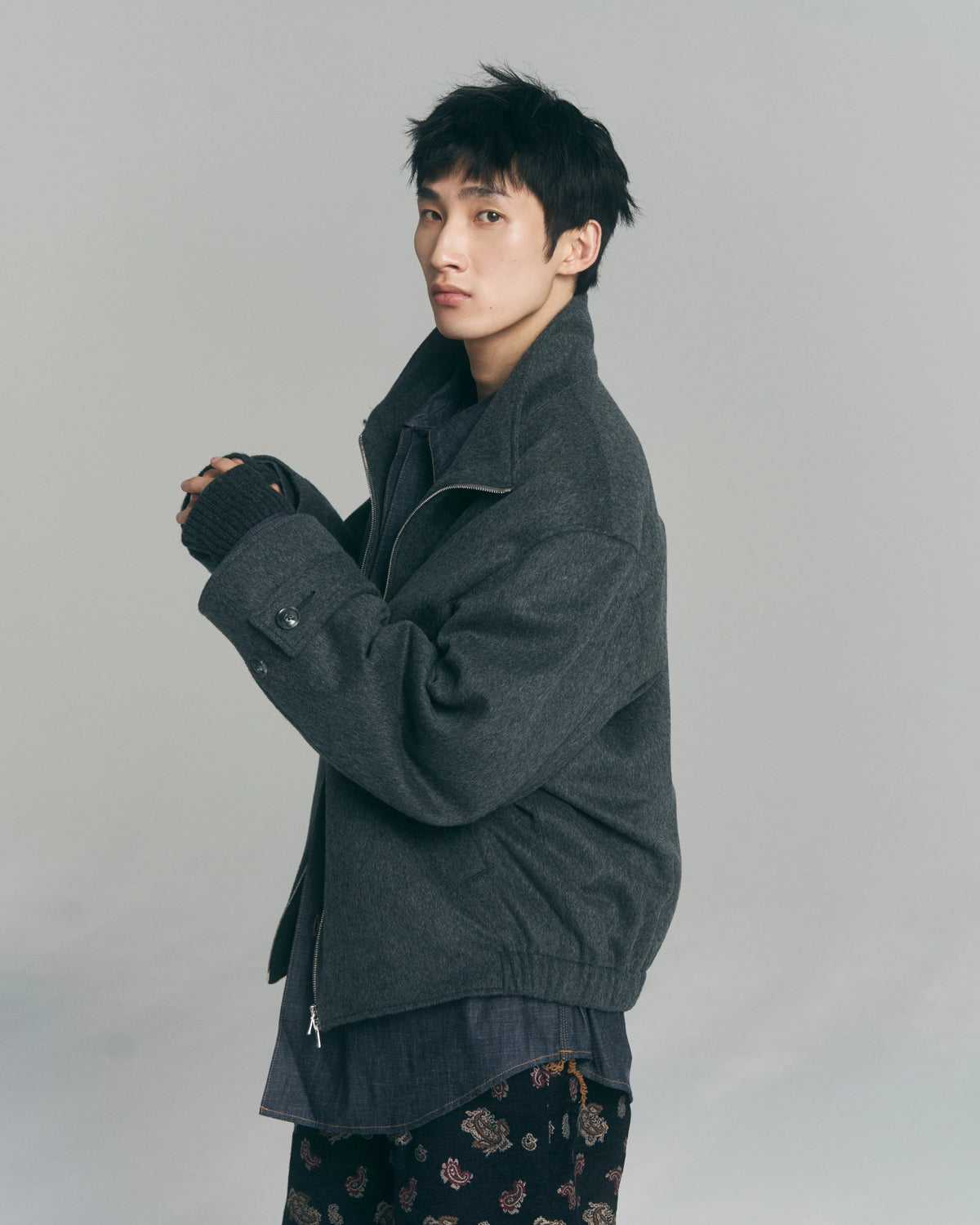 Melton Stand Collar Zip Jacket — Charcoal