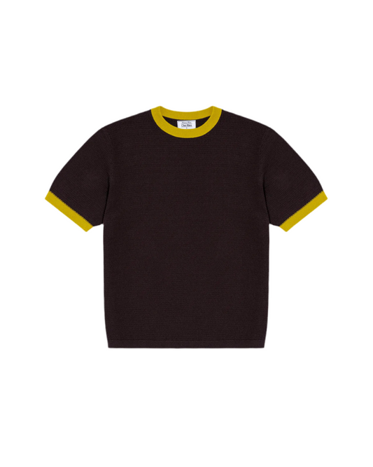 Chez Rien’s Textured Ringer Tee in Mocha on a white background
