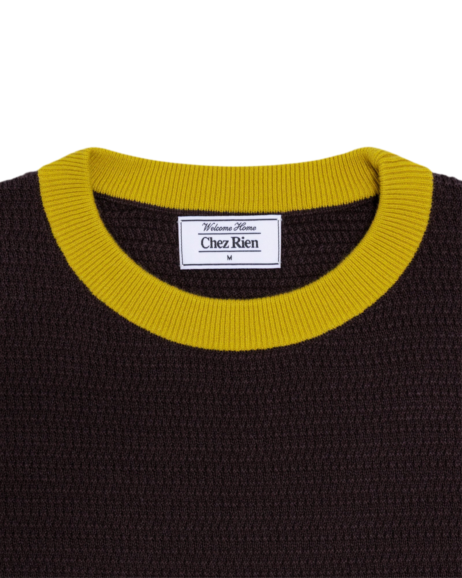 Close up of the collar on Chez Rien’s Textured Ringer Tee in Mocha