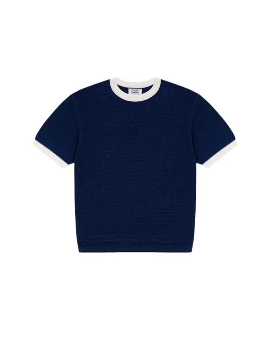 Chez Rien’s Textured Ringer Tee in Navy on a white background 