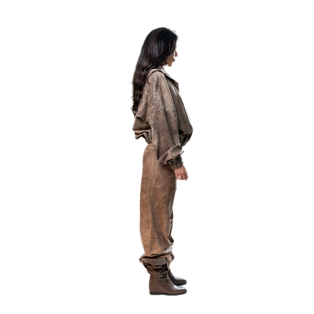 Perforated Leather Hoodie - Brown