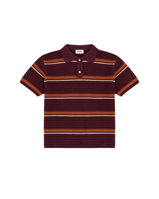 Chez Rien’s Burgundy Striped Knit Polo shirt with brown and orange pattern on a white background
