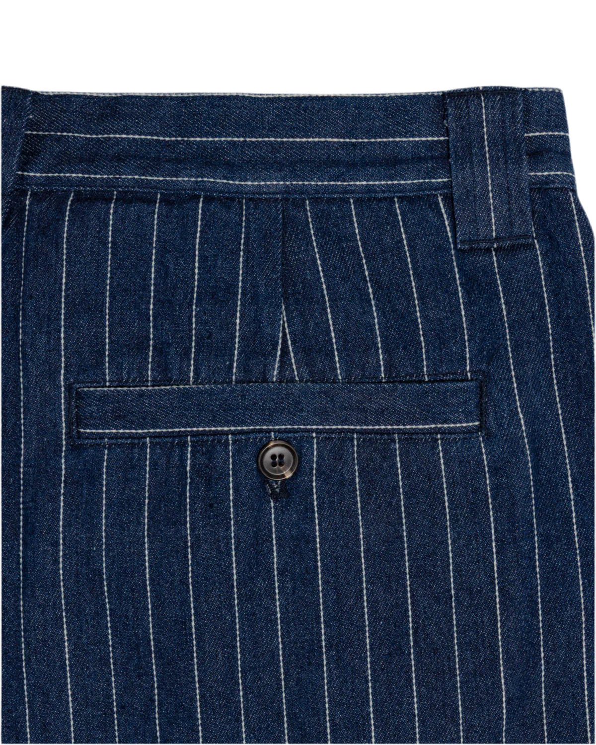 Close-up of Chez Rien indigo pinstripe shorts with a button on a white background