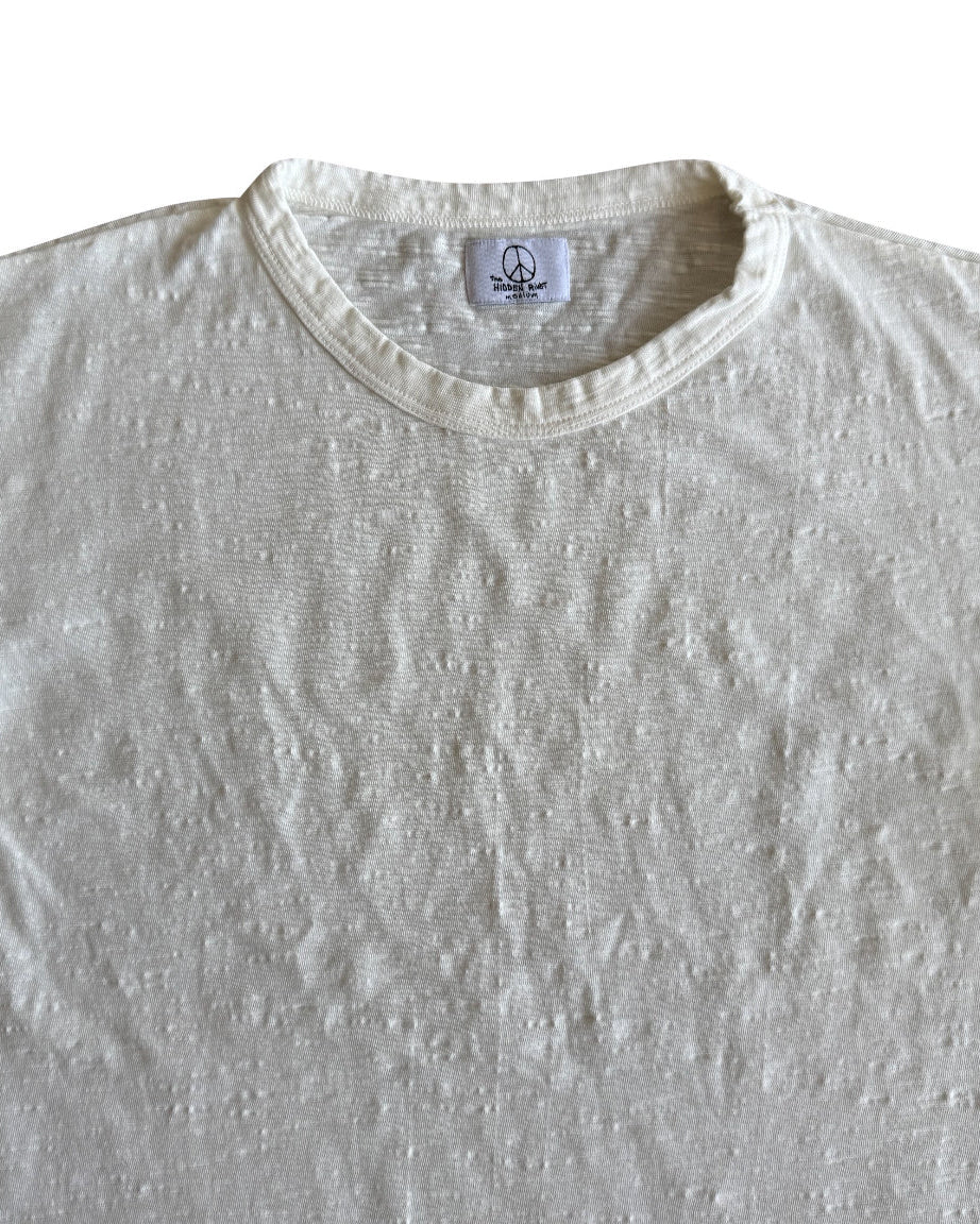 White Slub T-Shirt collar closeup on white background 