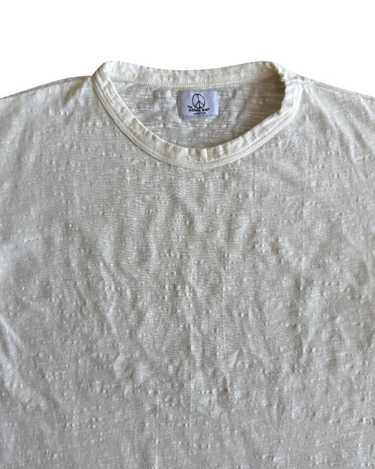 White Slub T-Shirt collar closeup on white background 