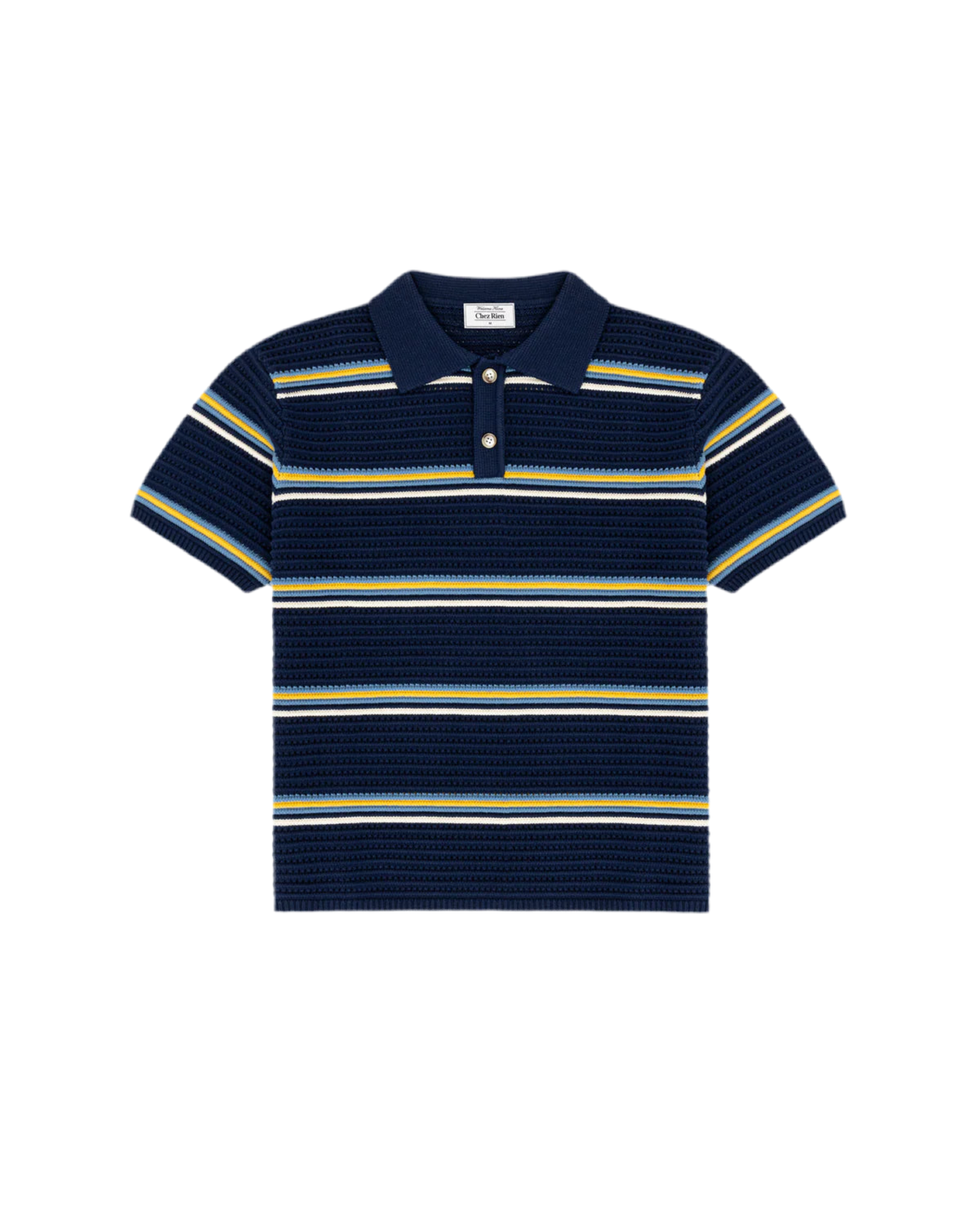 Chez Rien’s Navy Striped Knit Polo with yellow stripes on a white background
