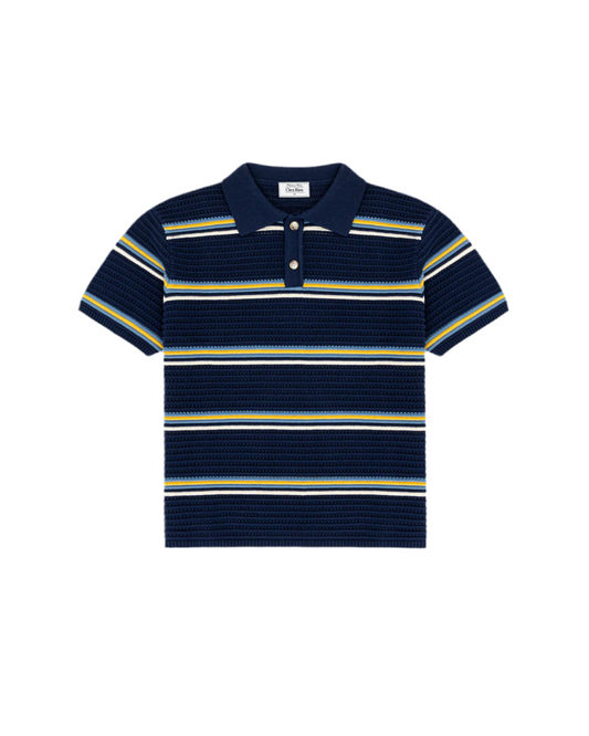Chez Rien’s Navy Striped Knit Polo with yellow stripes on a white background