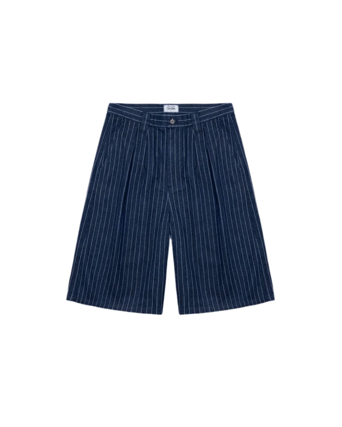 Chez Rien blue pinstripe shorts on a white background