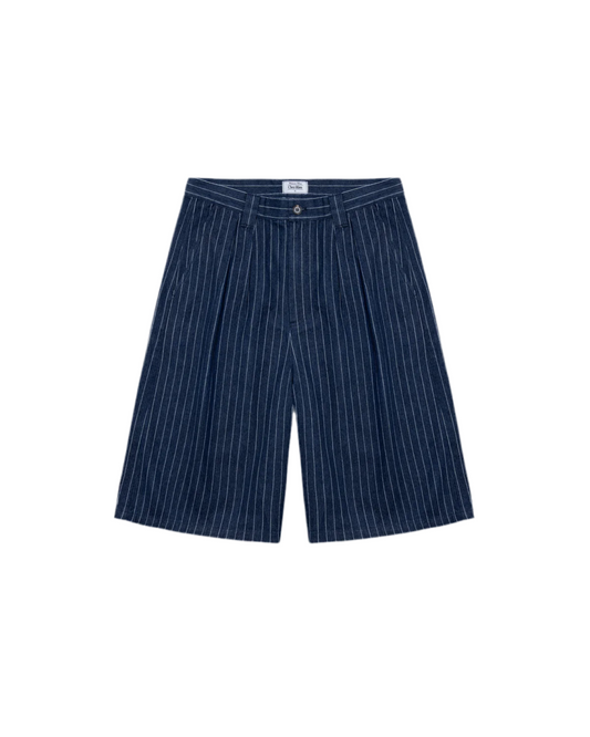 Chez Rien blue pinstripe shorts on a white background