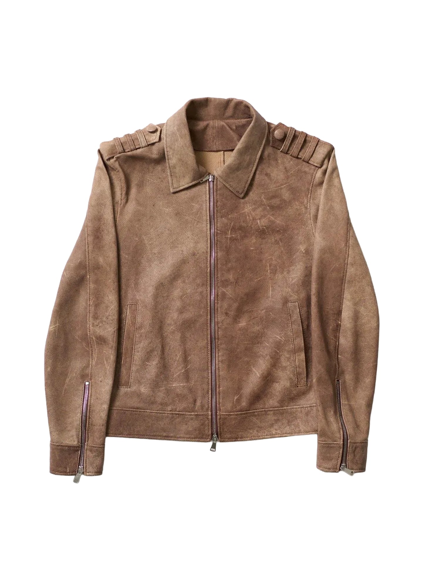 Perforated Leather Biker Jacket - Brown