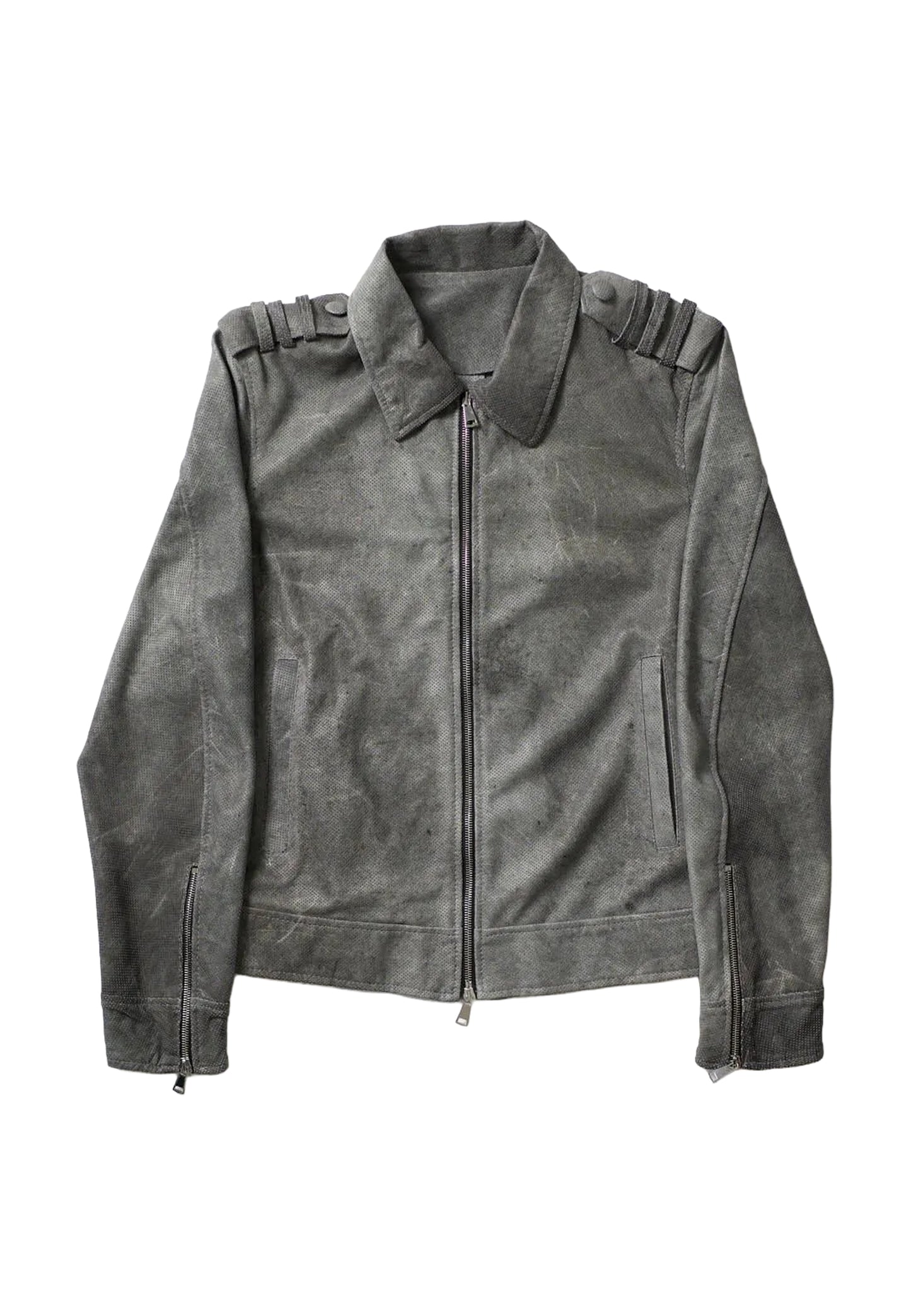 Perforated Leather Biker Jacket - Grey