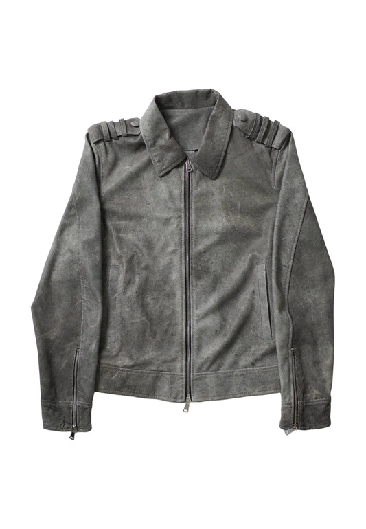 Perforated Leather Biker Jacket - Grey