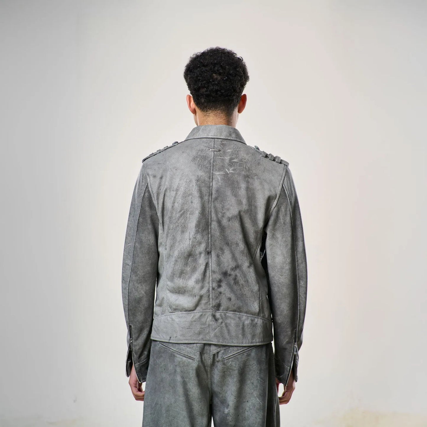 Perforated Leather Biker Jacket - Grey