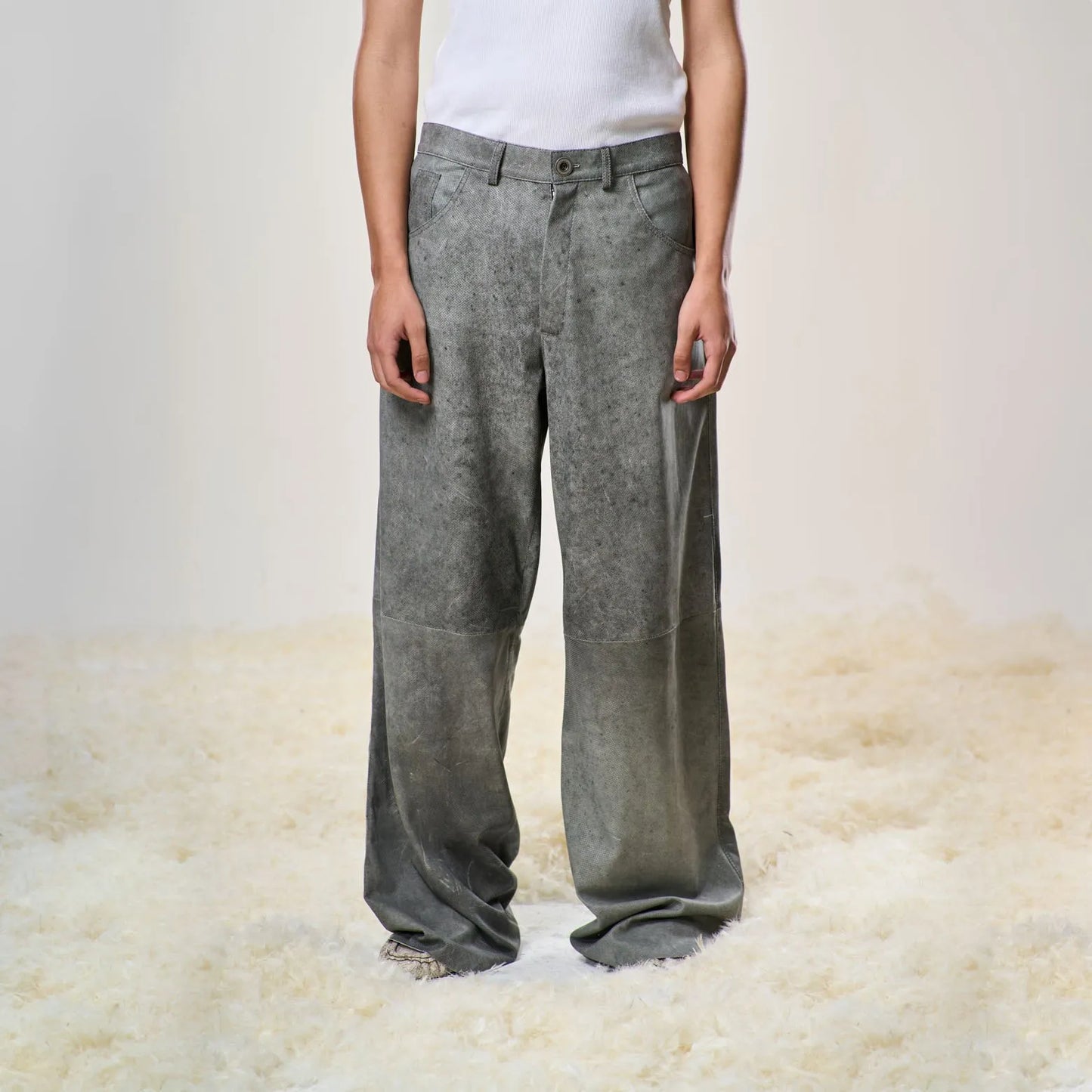 Perforated Leather Summer Pants - Grey