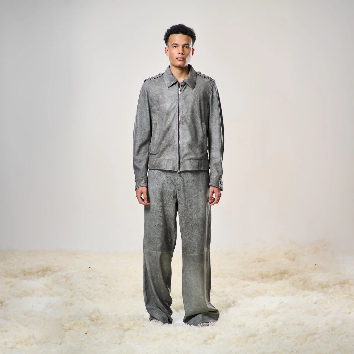Perforated Leather Biker Jacket - Grey