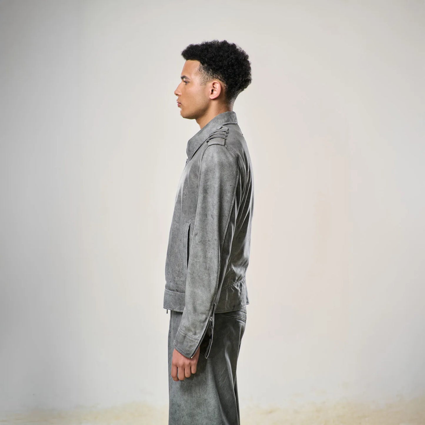 Perforated Leather Biker Jacket - Grey