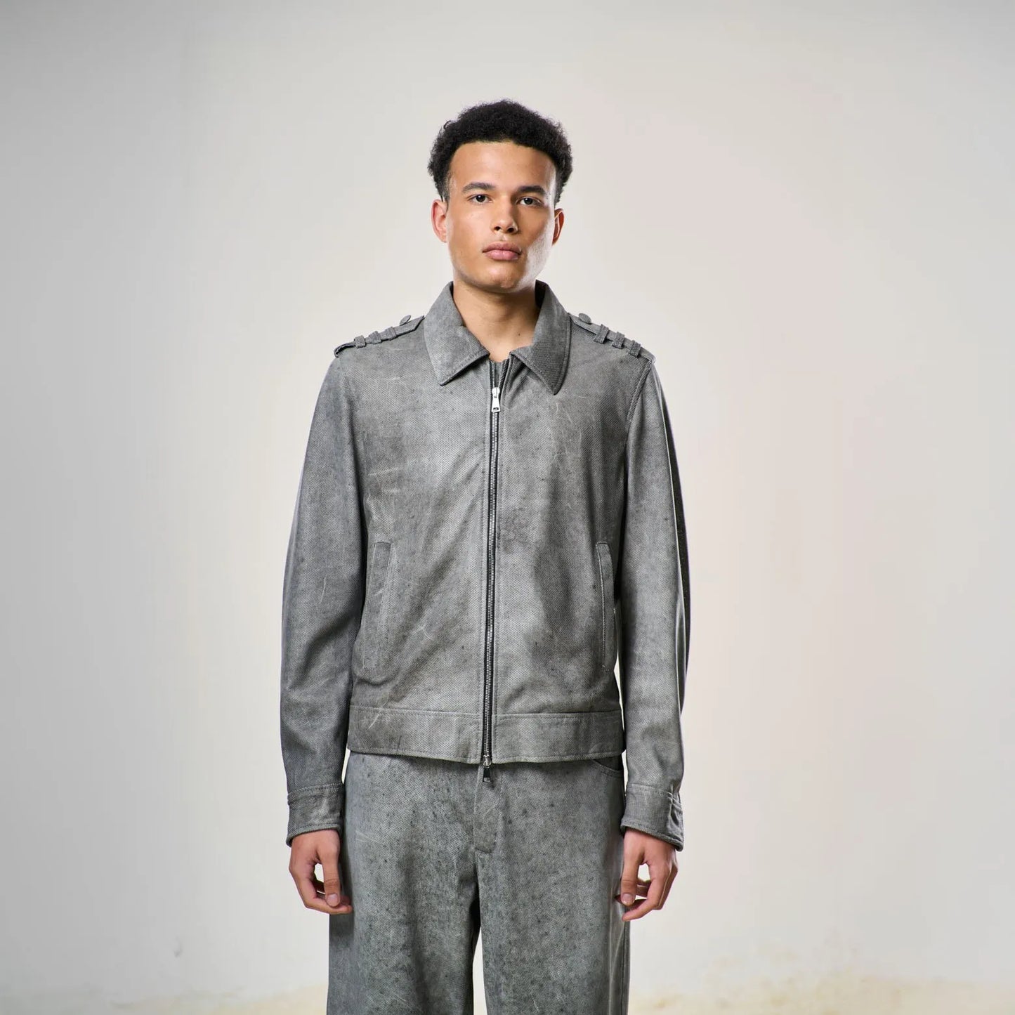 Perforated Leather Biker Jacket - Grey