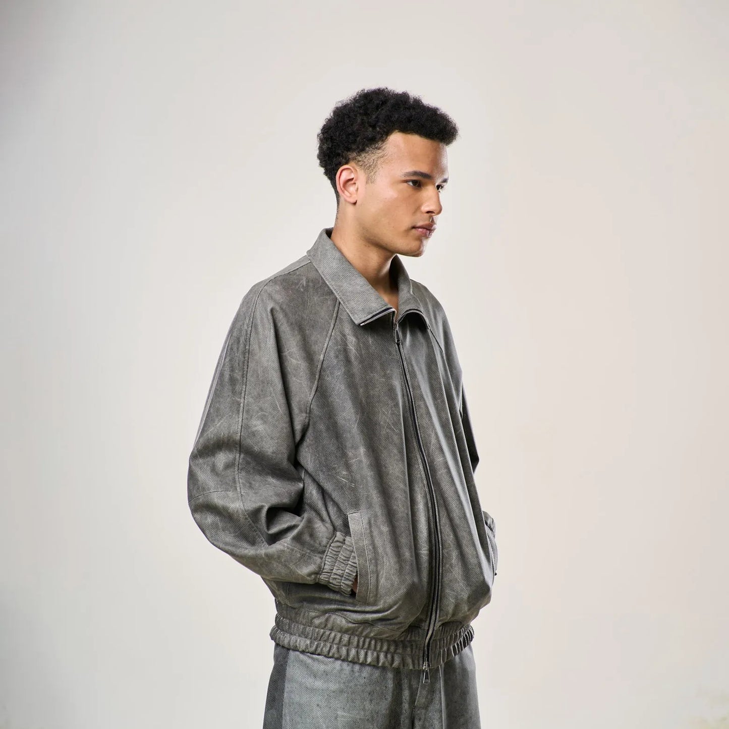 Perforated Leather Track Jacket – Grey