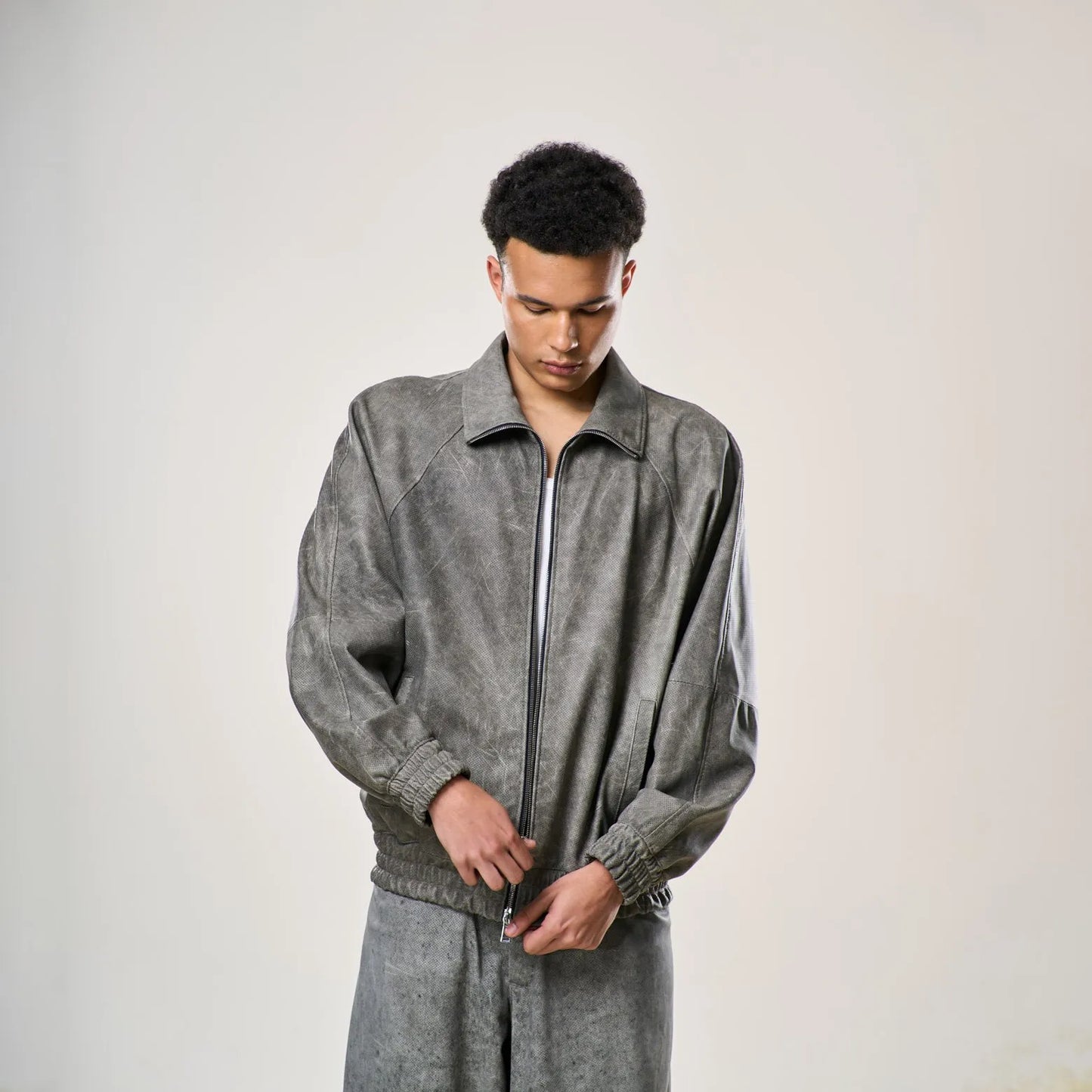 Perforated Leather Track Jacket – Grey