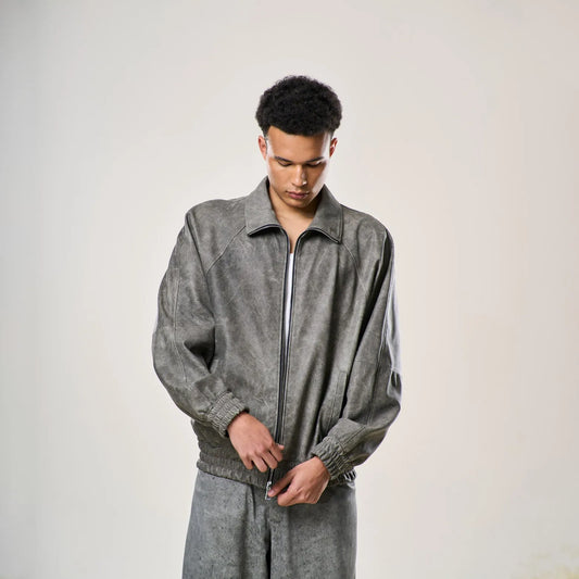 Perforated Leather Track Jacket – Grey