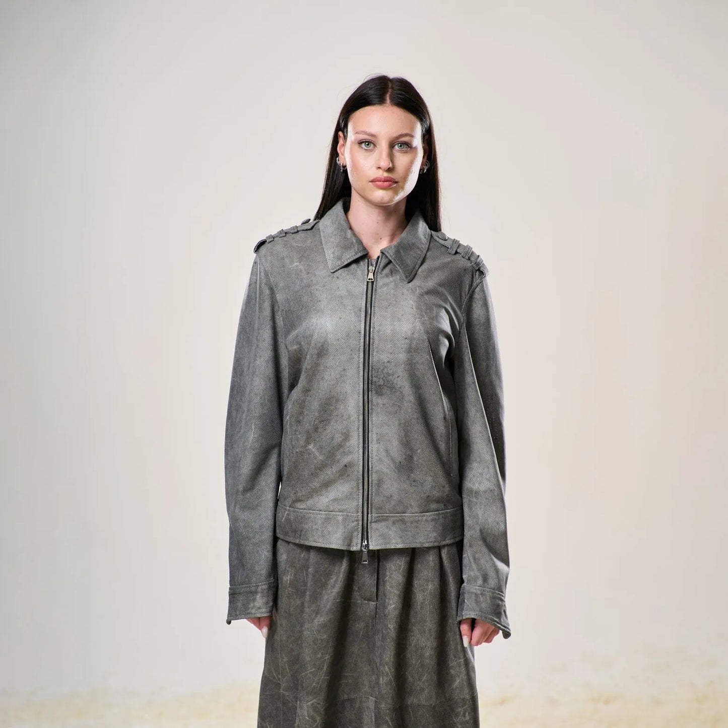 Perforated Leather Biker Jacket - Grey