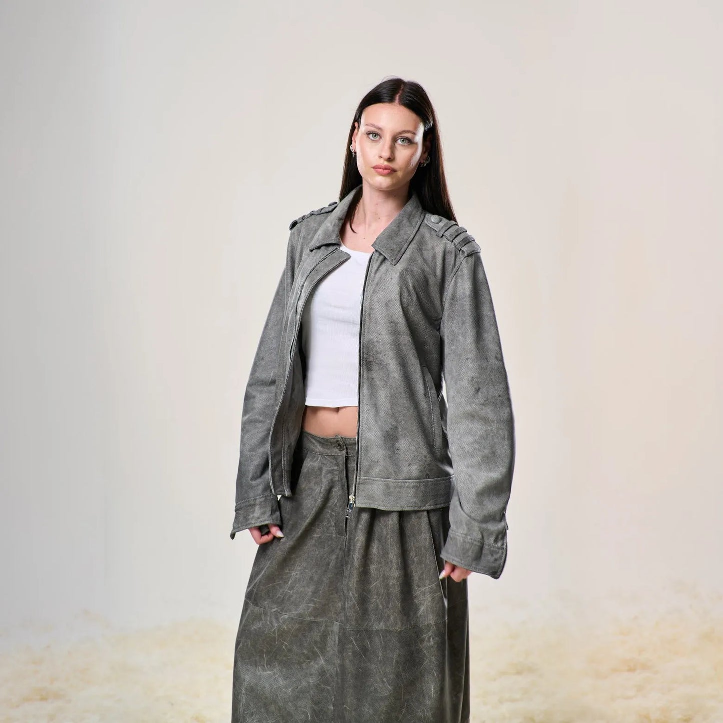 Perforated Leather Track Jacket – Grey