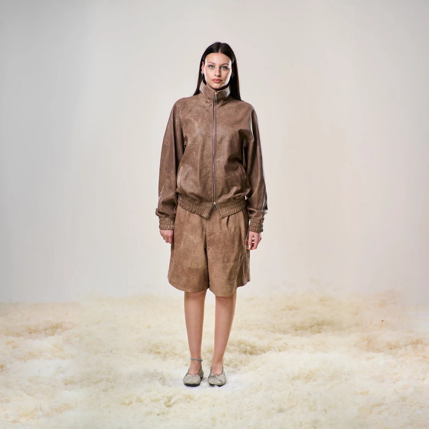Perforated Leather Summer Jorts - Brown