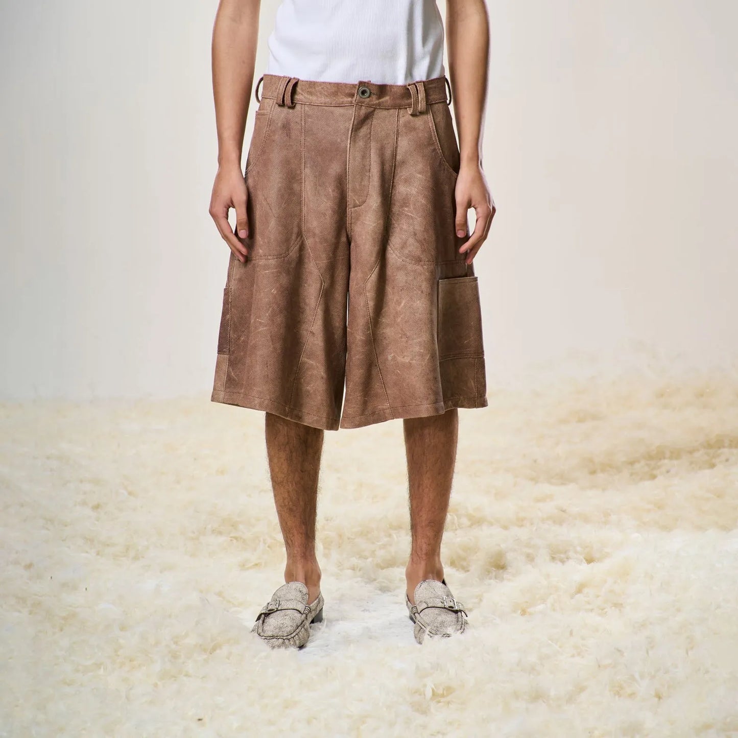 Perforated Leather Summer Jorts - Brown