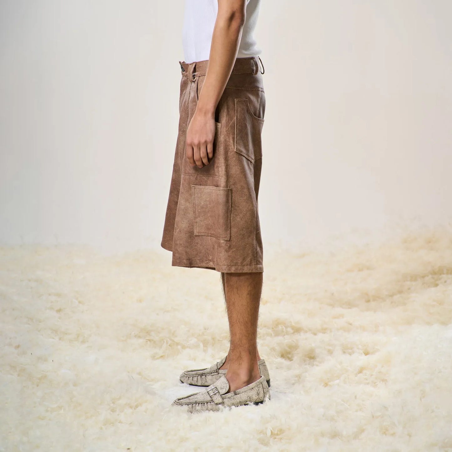 Perforated Leather Summer Jorts - Brown