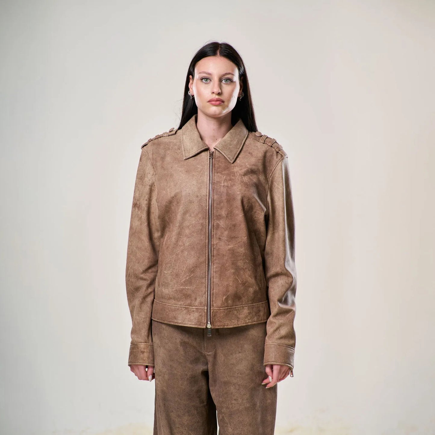 Perforated Leather Biker Jacket - Brown