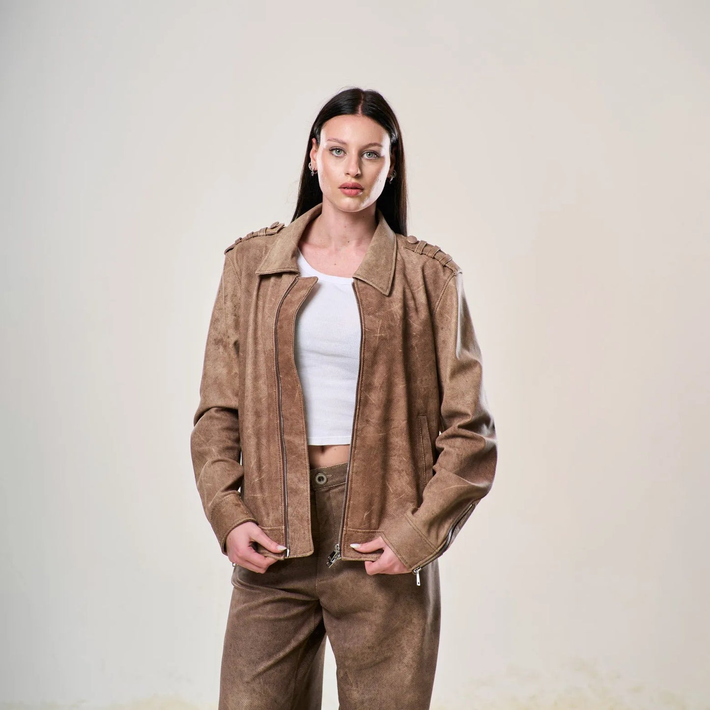 Perforated Leather Biker Jacket - Brown
