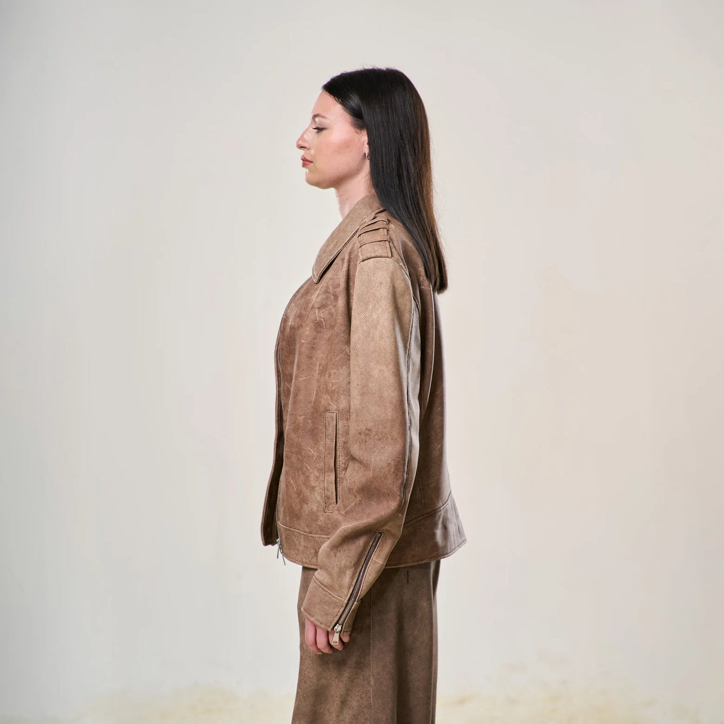 Perforated Leather Biker Jacket - Brown