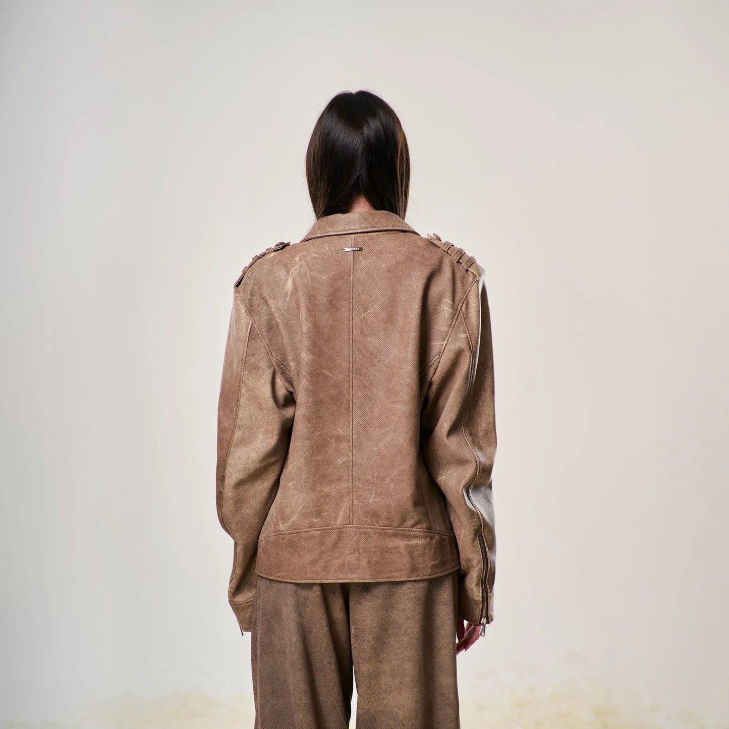 Perforated Leather Biker Jacket - Brown