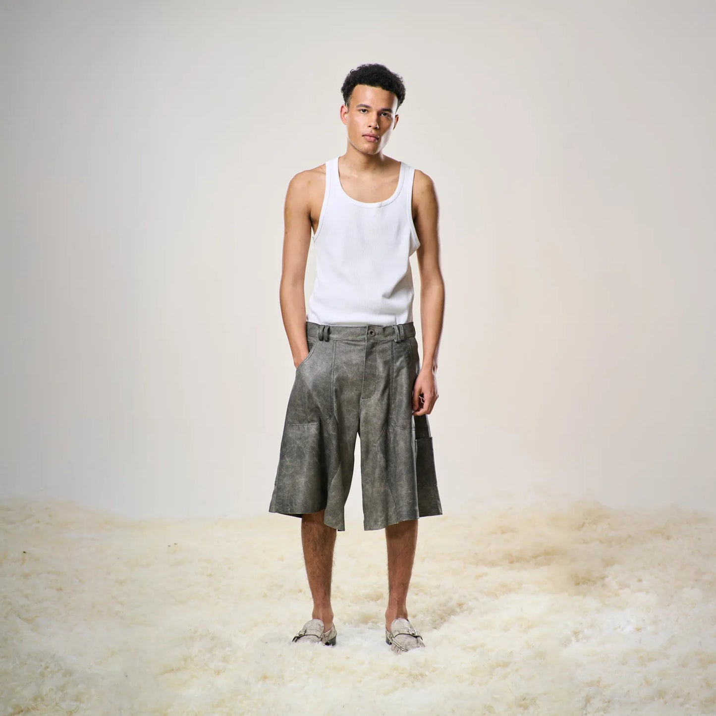 Perforated Leather Summer Jorts - Grey